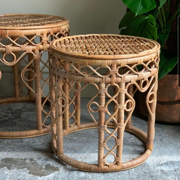 Vintage Other - Vintage Bamboo Rattan Round End Table 1970s 70s Boho Bohemian Home Decor